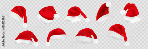 Big set of realistic Santa Hats isolated on transparent background. Vector santa claus hat colllection, holiday cap to xmas illustration
