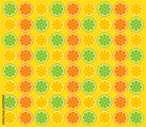 Cartoon Pretty Lime or Lemons and Orange Fruits Pattern on Yellow Background, Vector Illustration.