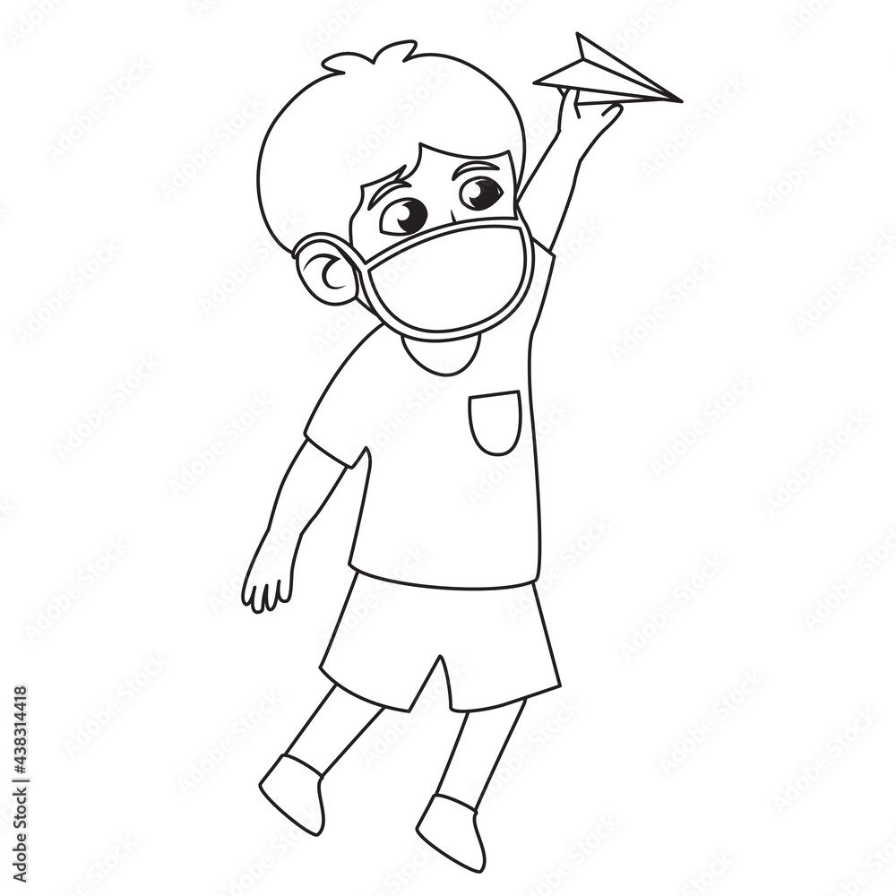 Children illustration,boy play and throwing paper plane in the class.Using mask and healthy protocol.kids coloring page illustration.