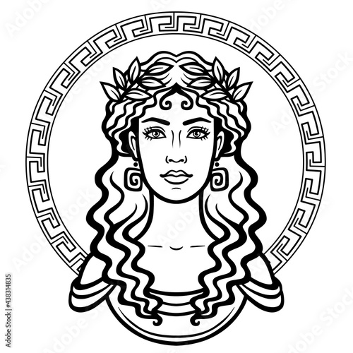 Linear portrait of the young Greek woman with a traditional hairstyle. Decorative circle. Vector illustration isolated on a white background.