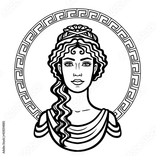 Linear portrait of the young Greek woman with a traditional hairstyle. Decorative circle. Vector illustration isolated on a white background.