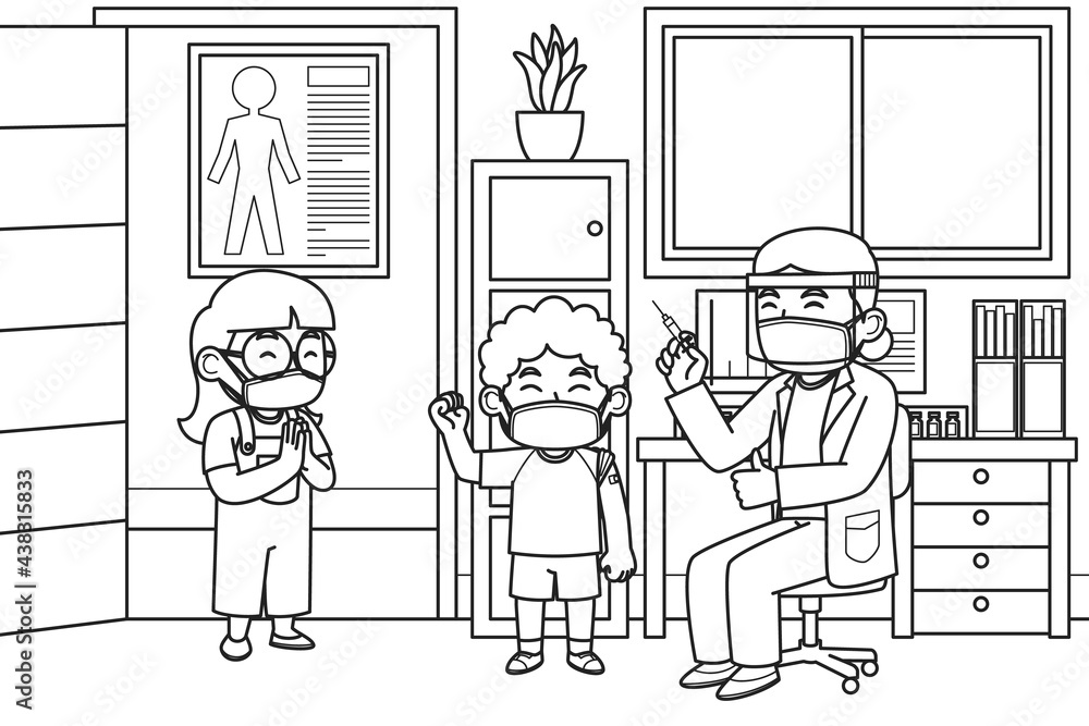 Doctors and Children Wear Face Masks During The Vaccination Process in Doctor s Room. Coloring Book Illustration. Vector Illustration. Doctors and Children Wear Face Masks During The Vaccination Process in Doctor s Room. Coloring Book Illustration. Vector Illustration.