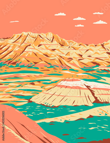 WPA poster art of dramatic landscape of layered rock formations in Badlands National Park South Dakota United States of America done in works project administration style or federal art project style. photo