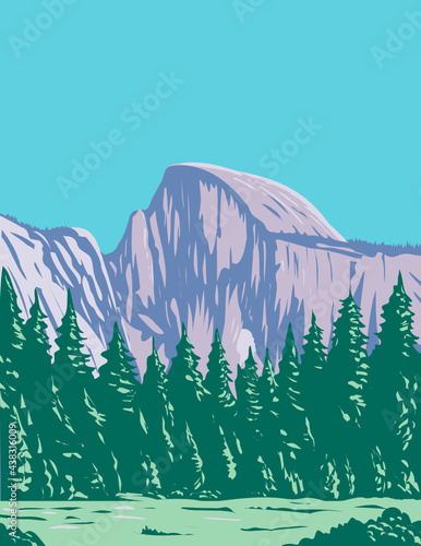 WPA poster art of Half Dome, a granite dome at the eastern end of Yosemite Valley in Yosemite National Park, California done in works project administration style or federal art project style. photo