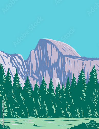 WPA poster art of Half Dome, a granite dome at the eastern end of Yosemite Valley in Yosemite National Park, California done in works project administration style or federal art project style.