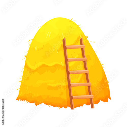 Dry bale of hay with wooden ladder in cartoon style isolated on white background. Straw stack. Agriculture harvest, farm work stock vector illustration.