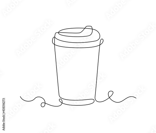 Paper cup of hot coffee in one Continuous line drawing. Concept of drink to go in lineart style. Editable stroke. Vector illustration