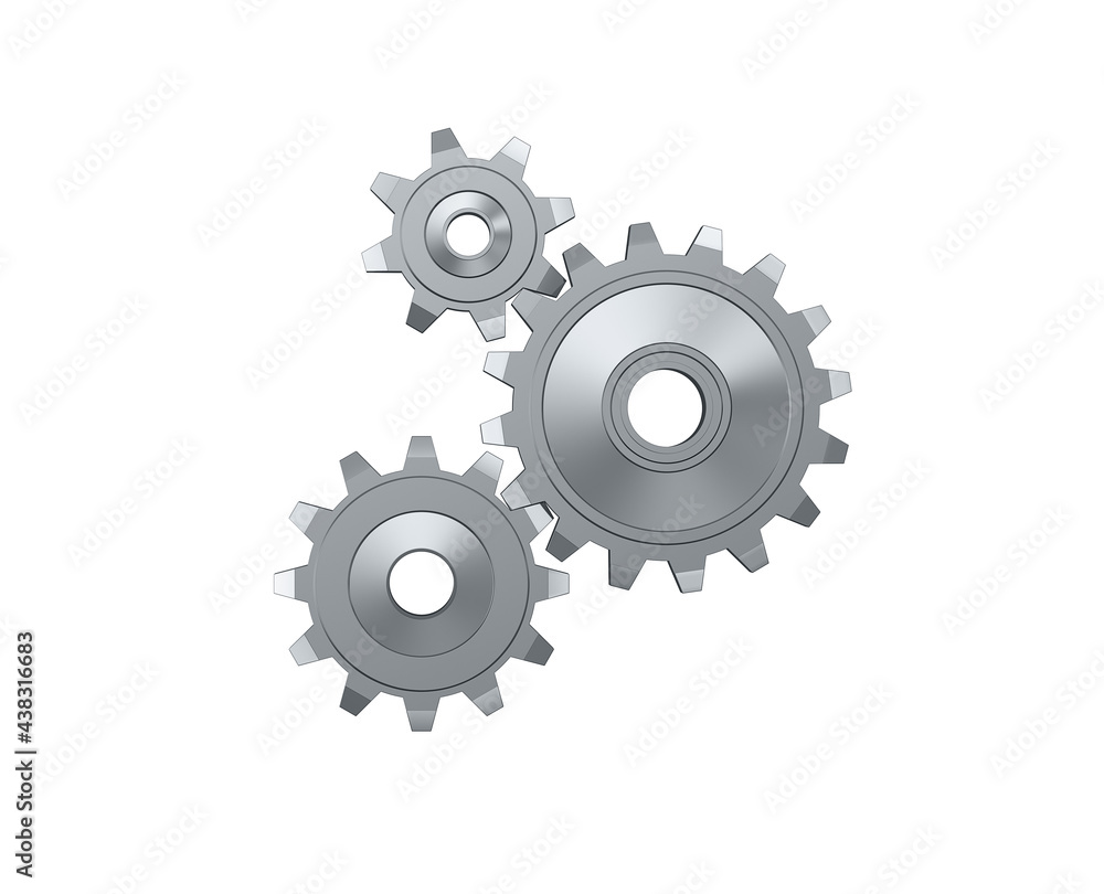 Metal gears three on white isolated background. 3d render. Metal gears three on white isolated background. 3d render.