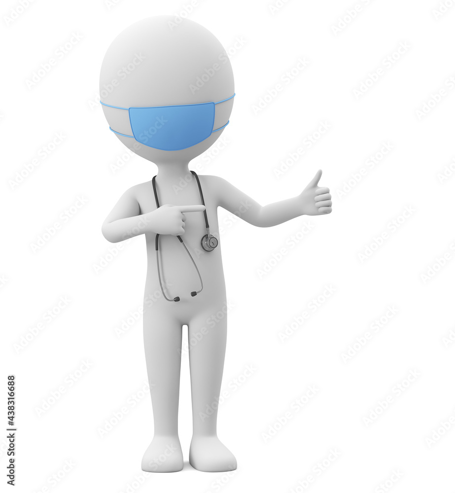 Cartoon character doctor in a blue mask points the thumb up. 3d render. Cartoon character doctor in a blue mask points the thumb up. 3d render.