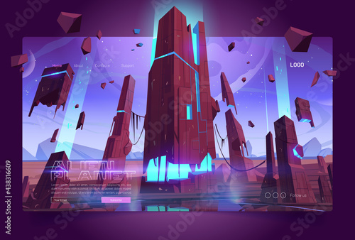 Alien planet banner with land surface and futuristic building ruins with glowing blue cracks. Vector landing page with cartoon fantasy illustration of outer space with stars and alien planet surface