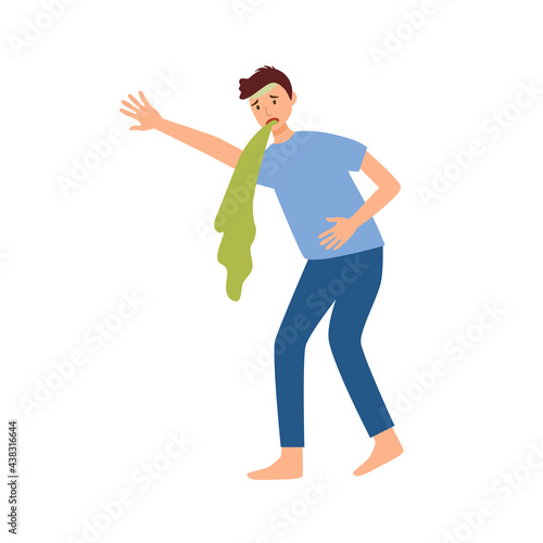 Man suffering from vomit in flat design. Nausea throwing up from food poisoning or drunk.