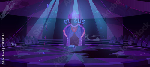 Old circus arena at night, abandoned round stage for performance, carnival show. Vector cartoon empty interior inside of vintage cirque tent with dirty scene, broken decoration and hole in floor