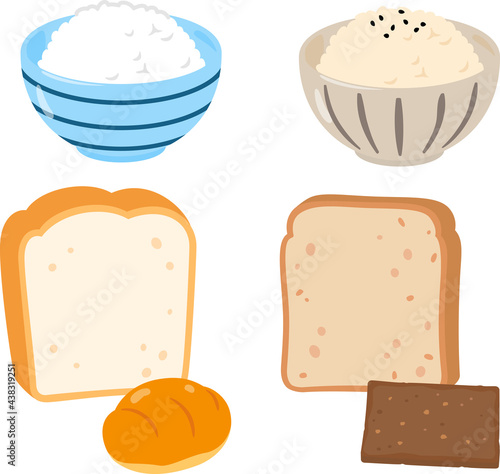 白米、食パン、玄米、ライ麦パンのイラストセット