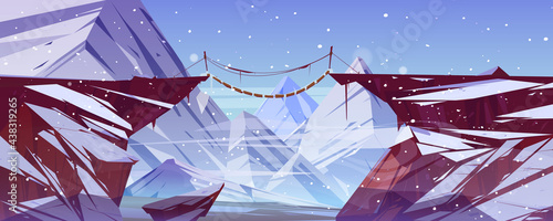 Winter landscape with mountains, suspension bridge over precipice and ice peaks. Vector cartoon illustration of snow rocks, wooden rope bridge over abyss between cliffs and snowfall