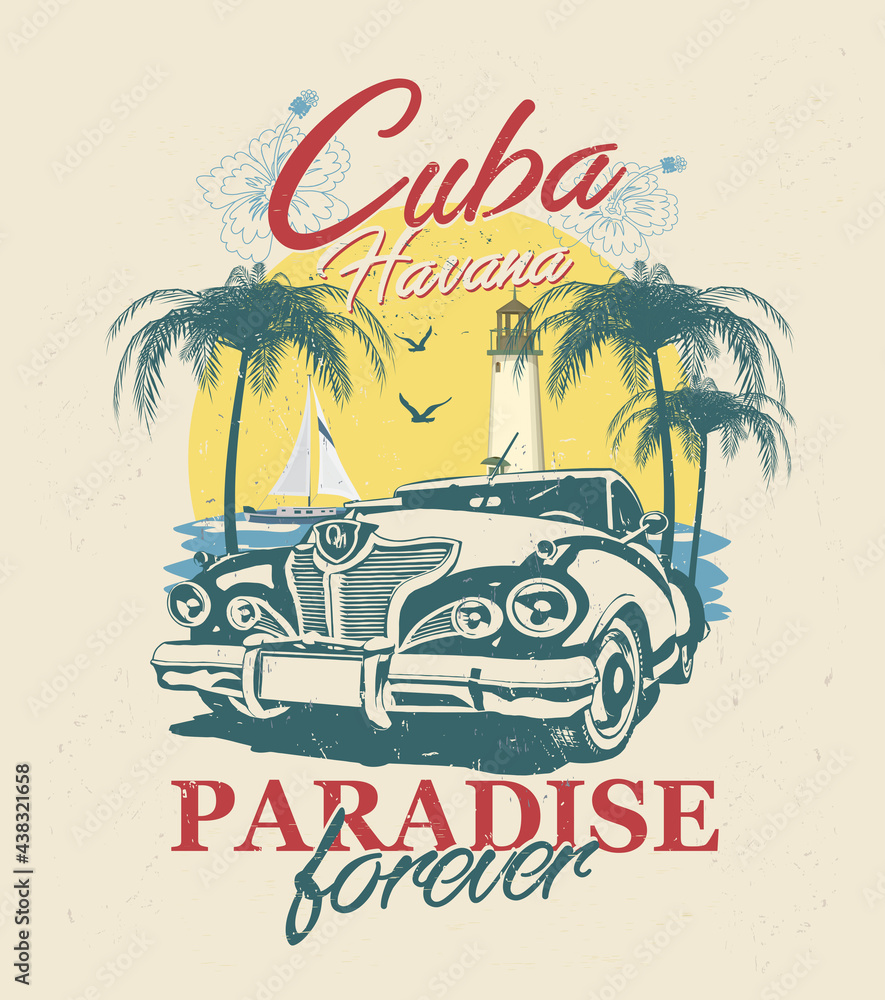 Cuba typography for t-shirt print with sun,beach and retro car.Vintage poster. - obrazy, fototapety, plakaty 