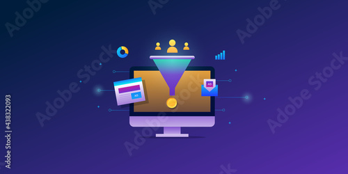 Sales funnel - customer conversion, purchase decision,  digital marketing business strategy, lead management concept with abstract background.