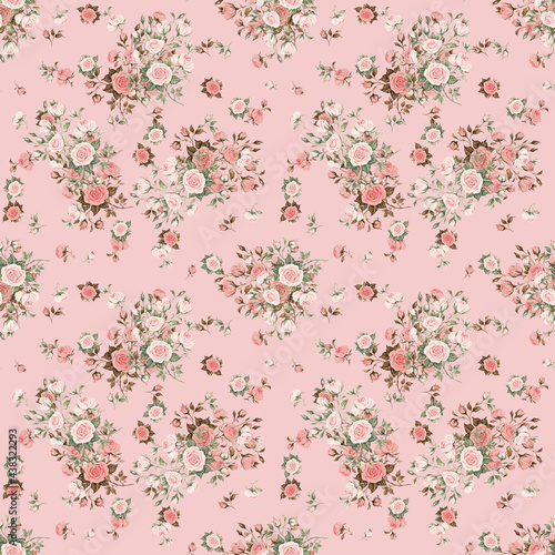  Abstract floral seamless pattern drawn on paper with paints vintage roses