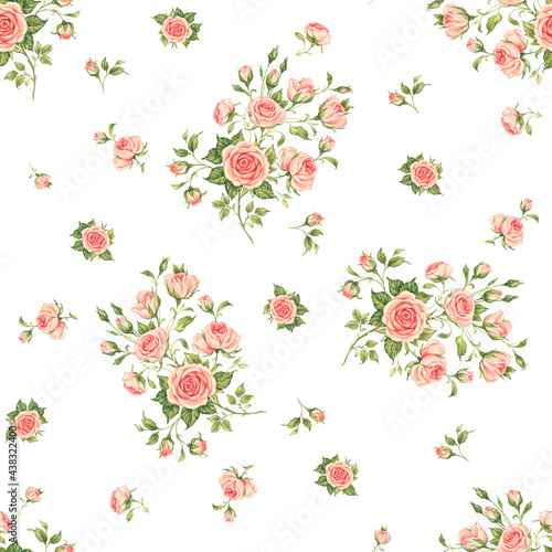  Abstract floral seamless pattern drawn on paper with paints vintage roses