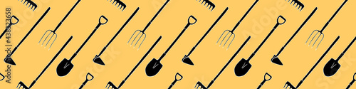 Seamless pattern with garden equipments: shovels, spades, rakes, hoes, pitchforks. Vector backgrounds and textures with tools for working on the farm, in dacha, country site in flat doodle style
