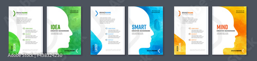 Watercolor booklet colourful cover bundle set with head profile silhouette for motivational intellectual development books on white background