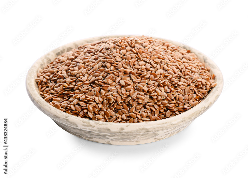 Plate with flax seeds on white background Plate with flax seeds on white background