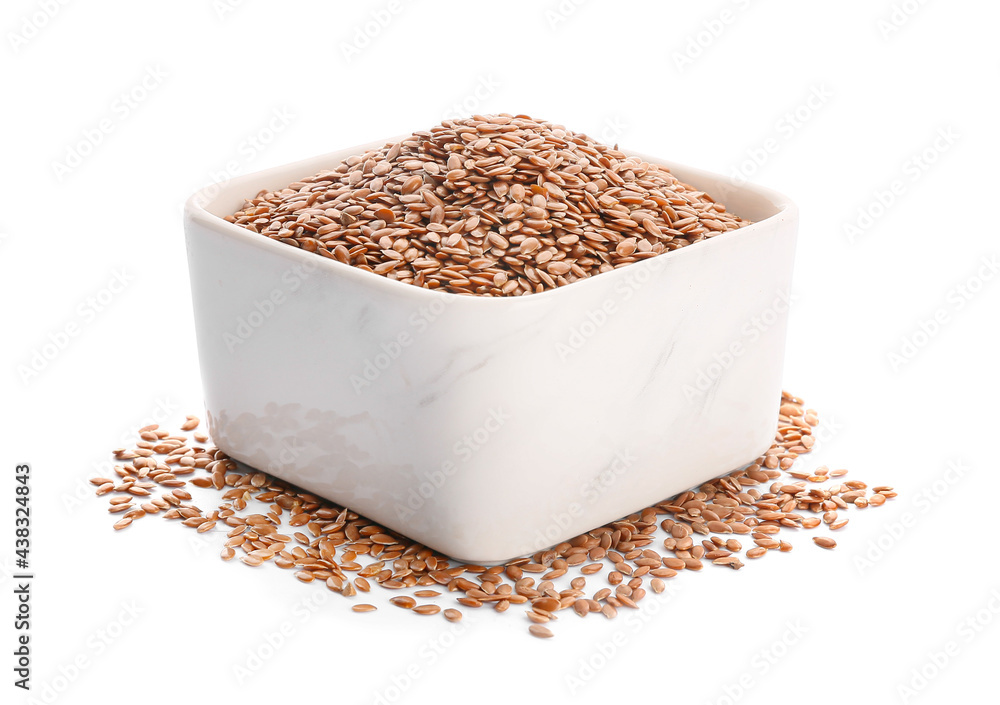 Bowl with flax seeds on white background Bowl with flax seeds on white background