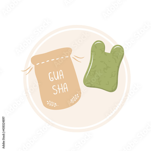 Gua sha for facial massage. Natural green nephrite stone with case. Relaxation tool. Skin care and morning routine. Vector illustration in flat cartoon style.