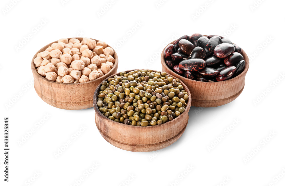 Bowls with different legumes on white background Bowls with different legumes on white background