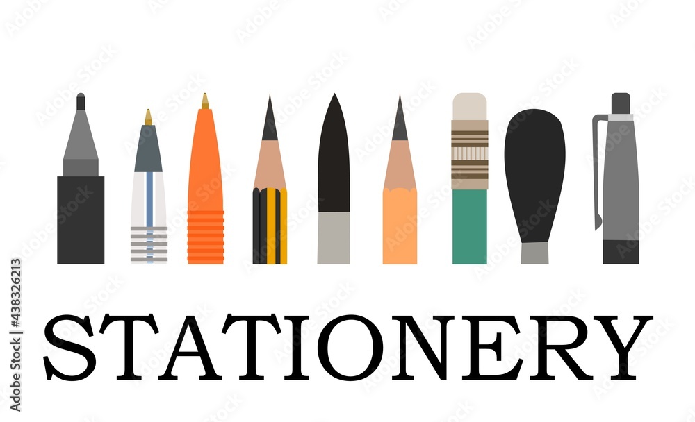 Stationery. Logo. Background for advertising a store, company. illustration. Isolated on a white background. Pencils, pens, felt-tip pens, brushes.Vector