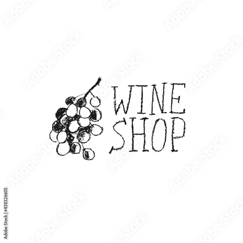 Grape vine illustration with pencil texture. Wine themed illustration. Wine-shop icon. Chalkboard texture. Grapevine drawing for emblem vineyard, biodynamic wines, grape festival, wine bar sign.