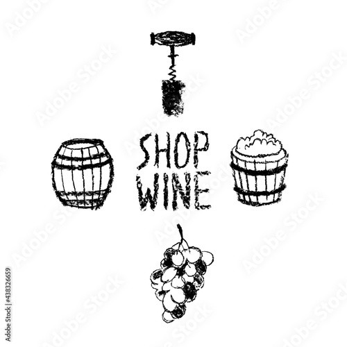 Winery logo template. Vector crayon illustration of octave. Wine-shop icon. Chalkboard texture. Wine barrel of restaurant. Drawn icon for emblem vineyard, biodynamic wines, grape festival, bar sign.