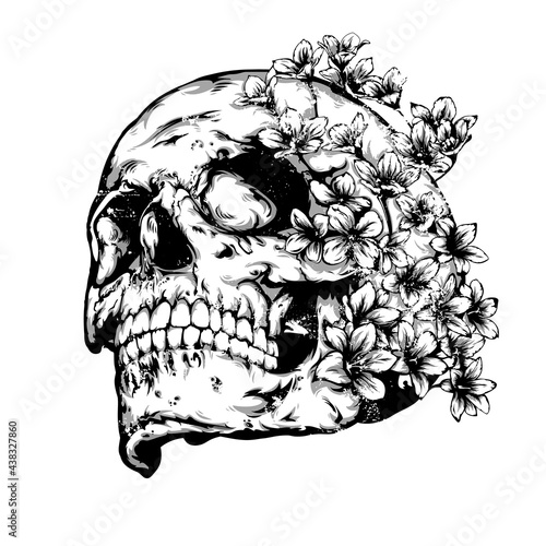Skull covered with flowers vintage vector art
