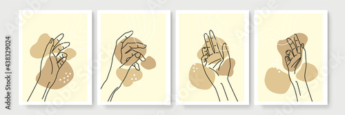 Mystic boho doodle set. Magic simple line logo icons with hands, crystals, moon, sun, stars. Bohemian posters, modern vector illustration