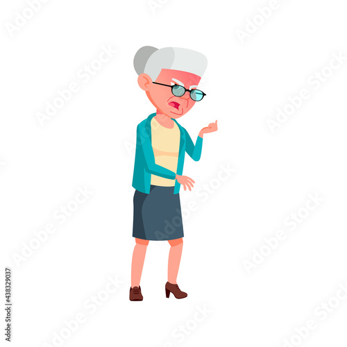 angry pension woman growling at store manager cartoon vector. angry pension woman growling at store manager character. isolated flat cartoon illustration