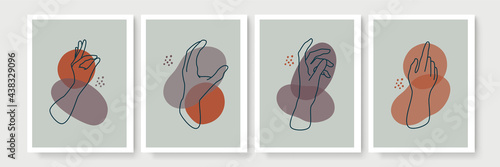 Mystic boho doodle set. Magic simple line logo icons with hands, crystals, moon, sun, stars. Bohemian posters, modern vector illustration
