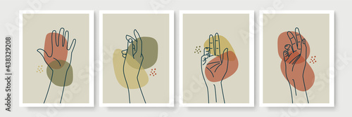 Mystic boho doodle set. Magic simple line logo icons with hands, crystals, moon, sun, stars. Bohemian posters, modern vector illustration