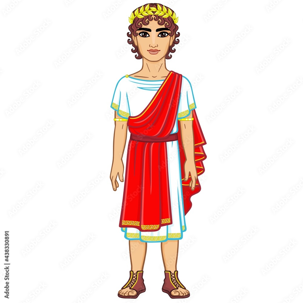 Animation portrait of the man in clothes of Ancient Greece. Full growth. The vector illustration isolated on a white background.