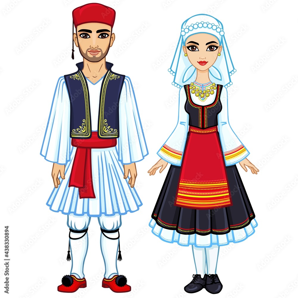 Animation portrait of a family in ancient Greek clothes. Full growth. The vector illustration isolated on a white background.
