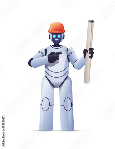 robot foreman engineer in hardhat holding construction drawings modern robotic architect with blueprints
