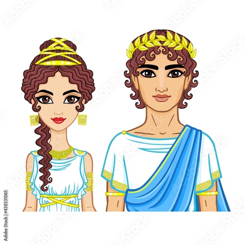 Animation portrait of a family in clothes of Ancient Greece. The vector illustration isolated on a white background.