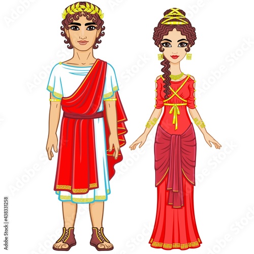 Animation portrait of a family in clothes of Ancient Greece. Full growth. The vector illustration isolated on a white background.