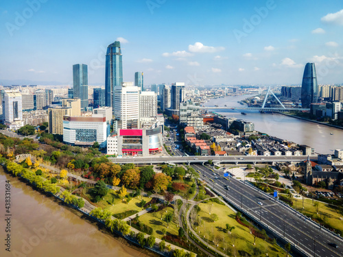 Aerial photography of the city scenery of Ningbo Sanjiangkou