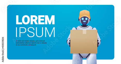 modern robot courier robotic deliver holding cardboard box delivery service artificial intelligence concept horizontal copy space portrait vector illustration