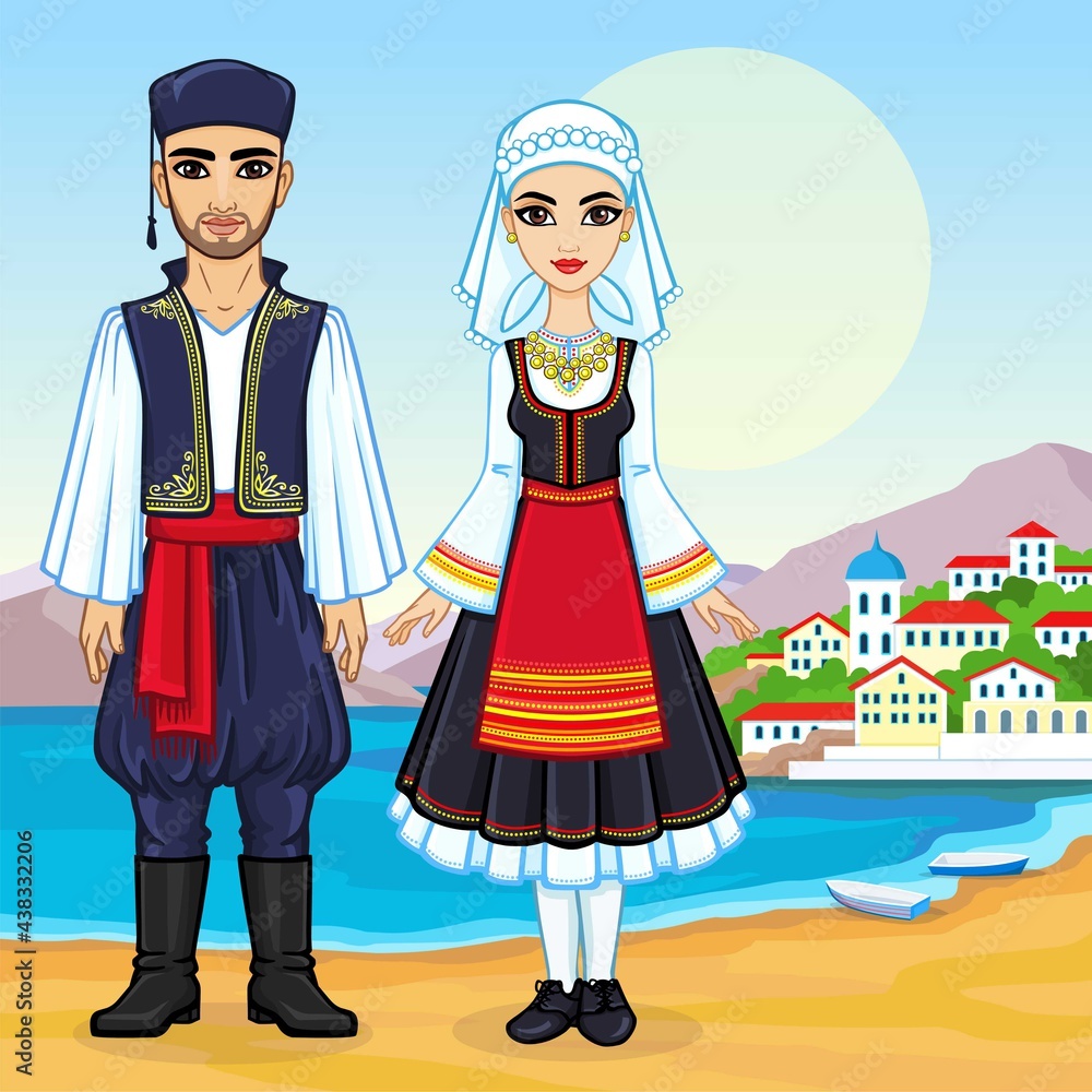 Animation portrait of a family in ancient Greek clothes. Full growth.  Background - a sea landscape, mountains, the old city port. Vector illustration.