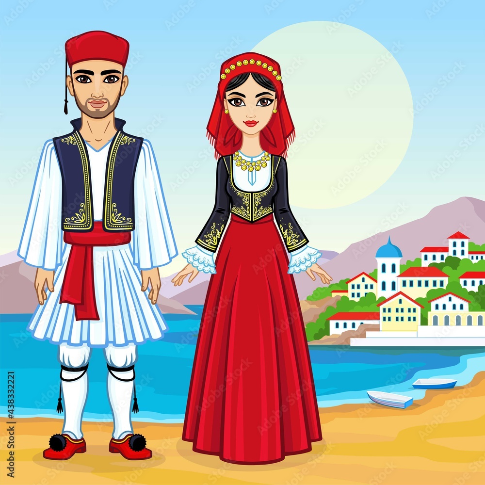 Animation portrait of a family in ancient Greek clothes. Full growth.  Background - a sea landscape, mountains, the old city port. Vector illustration.