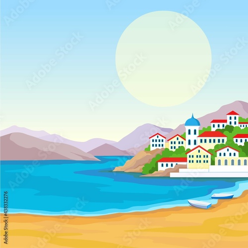 Animation landscape: sea coast, mountains, ancient city port. The place for the text. Vector illustration.