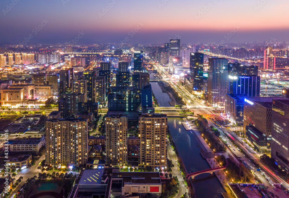Fototapeta premium Aerial photography of the night view of the urban architecture skyline of Ningbo, Zhejiang
