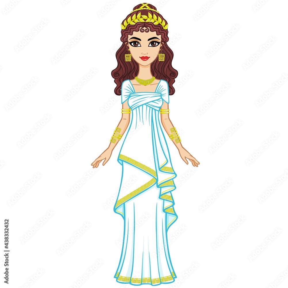 Fototapeta premium Portrait of the animation woman in ancient Greek dress. Vector illustration isolated on a white background. 
