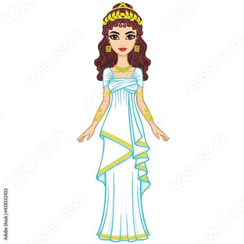 Portrait of the animation woman in  ancient Greek dress. Vector illustration isolated on a white background. 