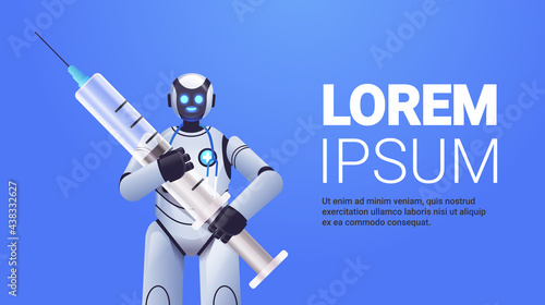modern robot doctor holding syringe vaccination medicine healthcare artificial intelligence concept portrait